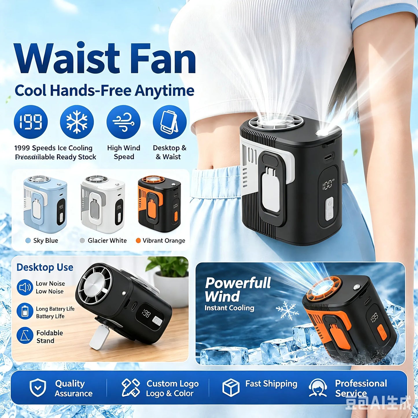 199-Speed Adjustable Turbo Wind Portable Handheld Fan with Waist Clip